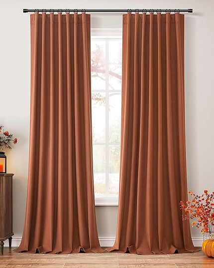 Guken Terracotta Linen Blackout Curtains 120 Inch Length 2 Panels Set Fall Curtains for Living Room Bedroom Back Tab Thermal Insulated 100% Black Out Linen Drapes，52x120