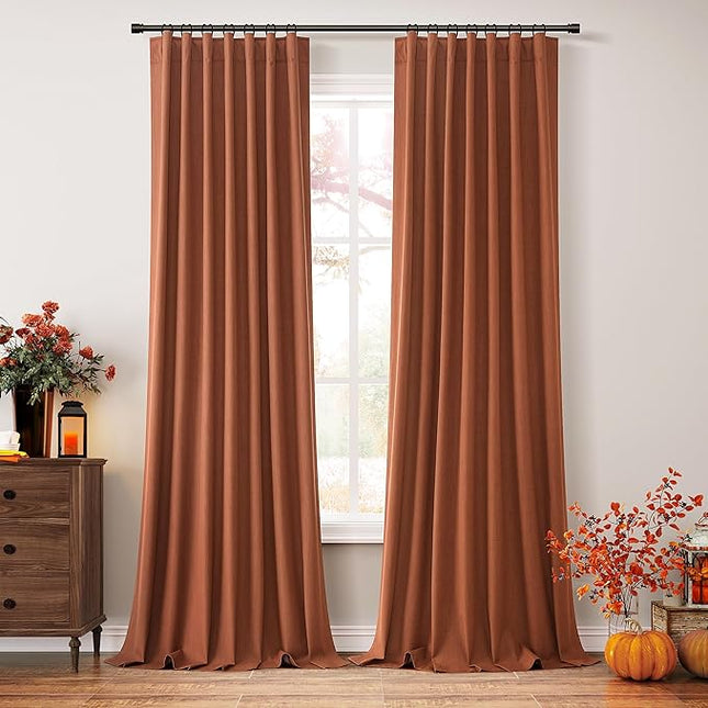 Guken Terracotta Linen Blackout Curtains 120 Inch Length 2 Panels Set Fall Curtains for Living Room Bedroom Back Tab Thermal Insulated 100% Black Out Linen Drapes，52x120
