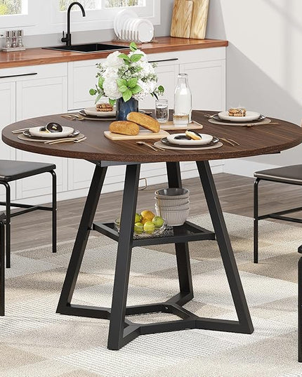 Round Dining Table for 4, Kitchen Tables Dining Room Circle Dinner Table with Pedestal Metal Frame, Space Saving Wood Industrial Kitchen & Dining Room Tables, Walnut 47In