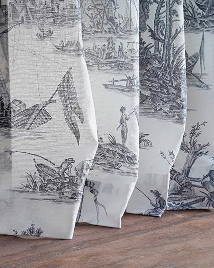 Maison d' Hermine Curtains for Living Room 100% Cotton 84 inch Length Two Panels Light Filtering Toile Curtains with Rod and Loop Pockets (Calais Paloma Grey (White Background), 50" W x 84" L)