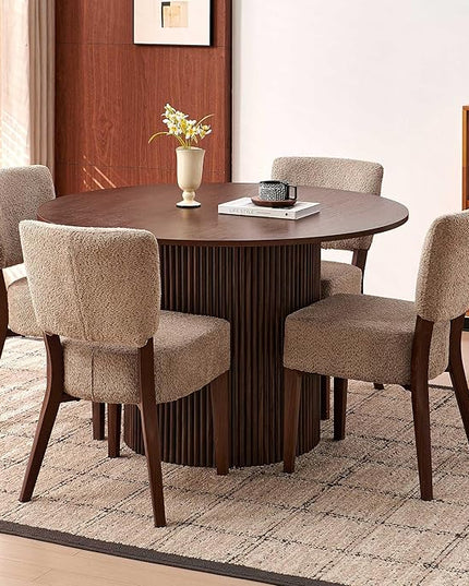 Howtek Round Dining Table Set for 4, 47-Inch Walnut Wood Kitchen Table and Stackable Upholstered Dining Chairs Set, Dining Room Table and Chairs Set for Kitchen, Living Room