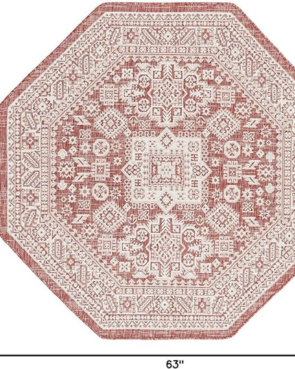 Rugs.com Outdoor Aztec Collection Rug – 5 Ft Octagon Rust Red Flatweave Rug Perfect for Living Rooms, Kitchens, Entryways