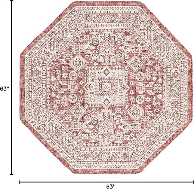 Rugs.com Outdoor Aztec Collection Rug – 5 Ft Octagon Rust Red Flatweave Rug Perfect for Living Rooms, Kitchens, Entryways