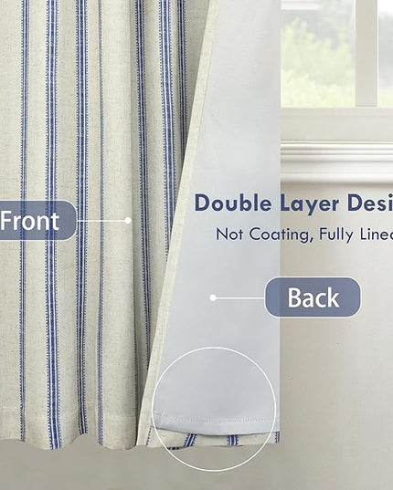 DriftAway Farmhouse Linen Blend Blackout Curtains 36 Inches Long for Bedroom Vertical Striped Printed Linen Curtains Thermal Insulated Lined Treatments for Living Room 2 Panels W52 x L36 Linen Navy