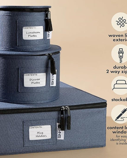 Hard Shell China Storage Containers 5-Piece Set Moving Boxes for Dinnerware, Glasses, Plates, Mugs and Saucers Sturdy Dish Organizer with Dividers for Seasonal Storage - Service for 12 - Denim Blue