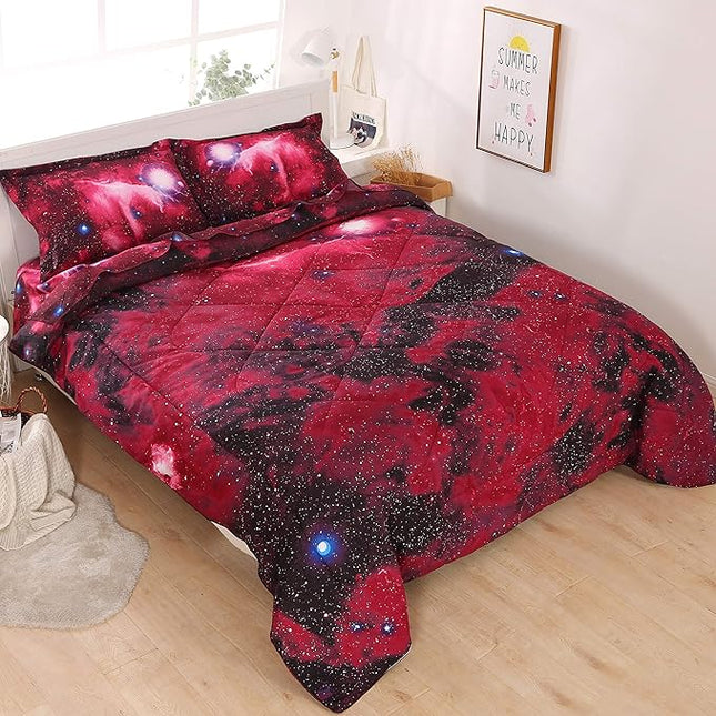 Wowelife Galaxy Bedding Set for Kids - 5-Piece Full, Red, 3D Comforter Set, Soft Kids Bedding