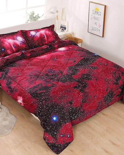 Wowelife Galaxy Bedding Twin Space Bedding Set Red 5 Piece Twin Comforter Set with Comforter, Fitted Sheet and 2 Pillowcases