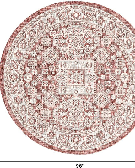 Rugs.com Outdoor Aztec Collection Rug – 4 Ft Round Rust Red Flatweave Rug Perfect for Kitchens, Dining Rooms