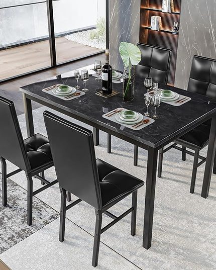 Hooseng Dining Table Set for 4, Modern Faux Marble Kitchen Table with 4 PU Leather Chairs, 5-Piece Small Dining Room Table Set for Dinette, Breakfast Nook, Black