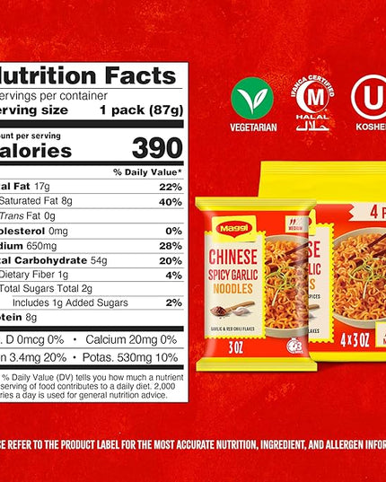 Maggi Chinese Spicy Garlic Noodles, Instant Ramen Noodles, 3 min, Vegetarian, Halal, Kosher, 4-Pack
