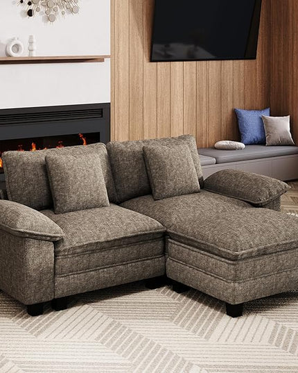 87-Inch L Shaped Sectional Sofa with Cloud Cushions, Deep Seat Modular Couch Set w/ 3 Seats & 1 Ottomans, Removable Arms, Plush Chenille Upholstery for Living Room, Apartment - Smoky Gray