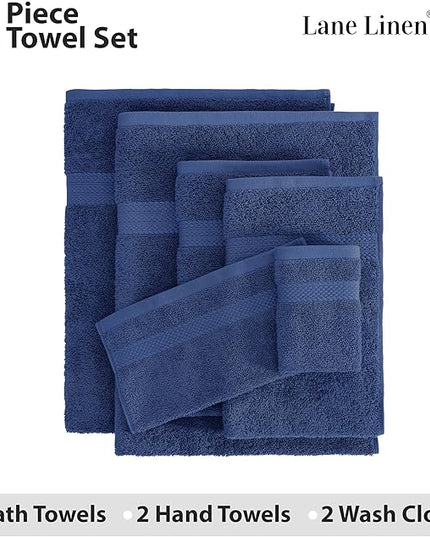 LANE LINEN 100% Cotton Bathroom Towel Set - 6 Pieces - Ring Spun, Super Soft & Highly Absorbent - 2 Bath, 2 Washcloths, 2 Hand Towels for Bathroom - Minimal Lint & Fading, Pre Shrunk - Navy Blue