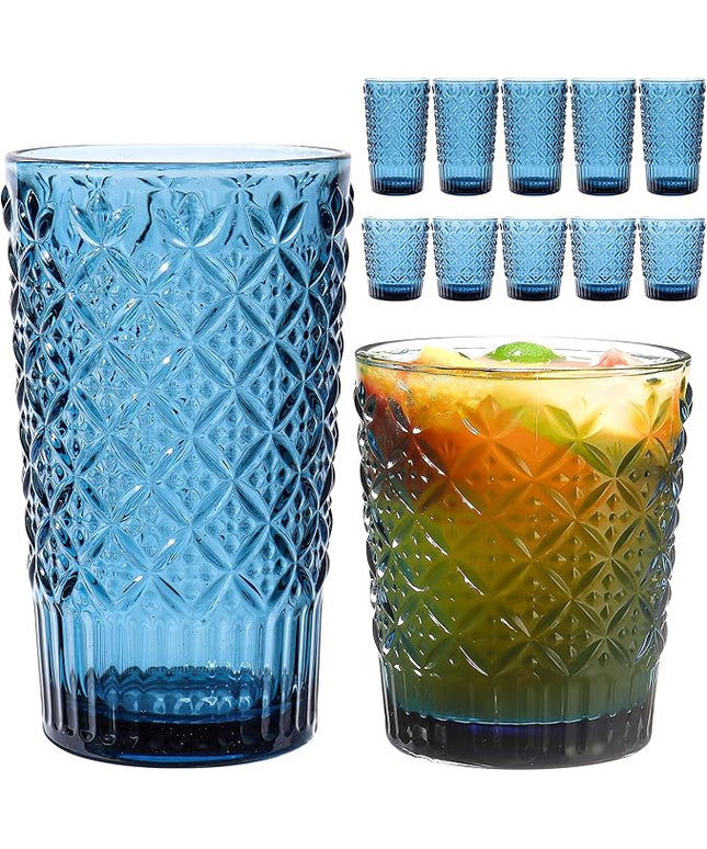 Blue Drinking Glasses Set of 12, 14 Oz Highball & 10 Oz Cocktail Glasses, Blue Kitchen Vintage Glassware Set, Floral Embossed Glass Tumbler Cups for Juice, Beer, Water, Whiskey, Coffee