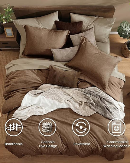 Monbix Queen Comforter Set - 7 Pieces Cationic Dyeing Brown Bed in a Bag Queen Bedding Sets with Comforter, Sheets, Pillowcases & Shams, Reversible Bedding Comforters Sets