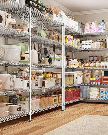 REIBII 69.8" W Storage Shelves 1510LBS Wire Shelving Unit 5 Tier Metal Shelving for Storage Rack Shelves Adjustable Heavy Duty Garage Shelf Pantry Shelves Kitchen Shelving,69.8"Wx15.8"Dx72.4"H,Chrome