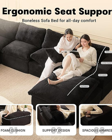 137.8” Sectional Couches for Living Room, Cloud Couch, Modular Sectional Sofa, Convertible Sofas Bed, Deep Seat Sofa, U Shaped Cozy Sofa Furniture Set, Corduroy, Black