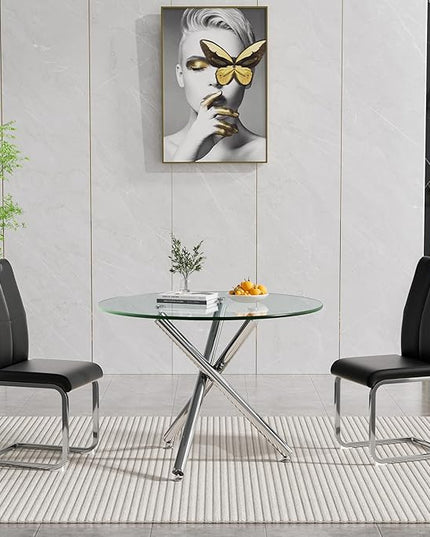 HomVent Round Glass Dining Table Set for 2, 3-Piece Modern Kitchen Table Set with 2 PU Upholstered Chair for Kitchen Dining Room, Glass Dining Room Table Set