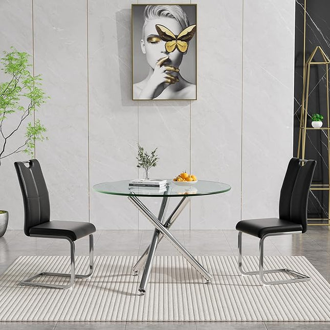 HomVent Round Glass Dining Table Set for 2, 3-Piece Modern Kitchen Table Set with 2 PU Upholstered Chair for Kitchen Dining Room, Glass Dining Room Table Set