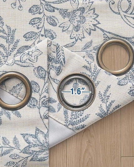 Lazzzy Blue Floral Farmhouse Linen Lined Curtains 96 Inches Length Grommet Top Drapes for Living Room Bedroom Flower Patterned Country Vintage Curtains 2 Panels Set Green on Beige
