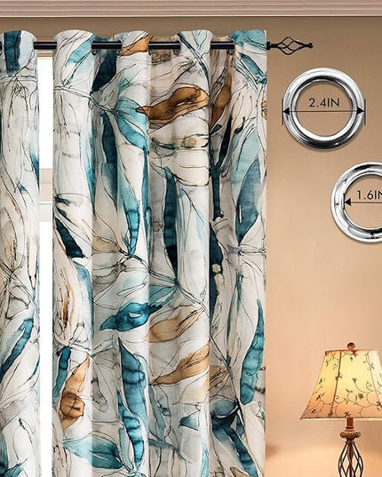 SUBRTEX Light Flitering Curtains 52Wx108L, Room Darkening Vibrant Floral Drapes, 50% Blackout, Semi Sheer Boho Farmhouse Curtains for Living Room, Blue