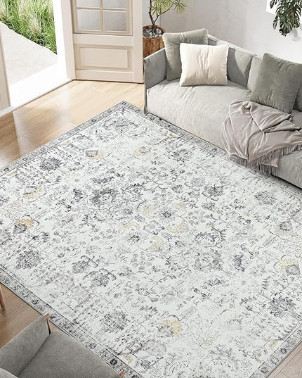 jinchan Kalen Area Rug 6x9 Washable Living Room Rug Soft Vintage Indoor Thin Retro Distressed Floor Cover Grey Floral Country Boho Rug Non Slip Carpet for Bedroom Office Dining Room