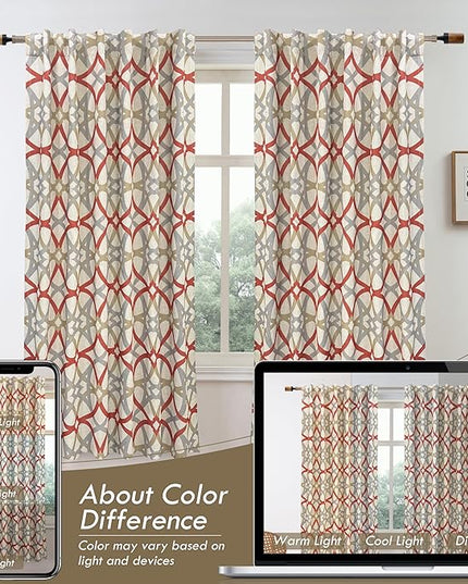 DriftAway Alexander Blackout Curtains for Living Room Linen Blend Pattern Match Thermal Insulated Room Darkening Geo Moroccan Mid Century Back Tab Bedroom Drapes 2 Panels 52 x 84 Inch Linen Red
