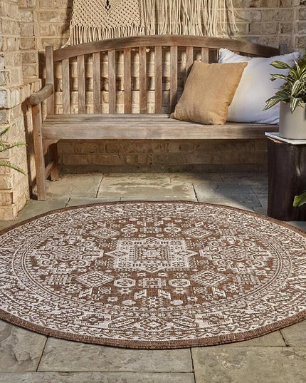 Rugs.com Outdoor Aztec Collection Rug – 13 Ft Round Brown Flatweave-Pile Rug Perfect for Kitchens, Dining Rooms