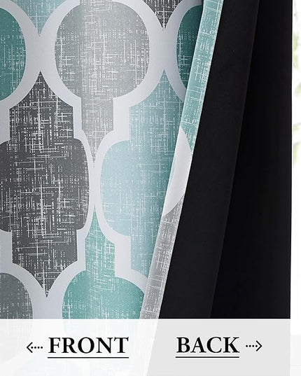 Beauoop 100% Blackout Curtains 45 Inches Long 2 Panels for Bedroom Living Room Aqua Grey Moroccan Geo Room Darkening Thermal Insulated Soundproof Grommet Top Window Treatments Drapes, 50x45 Set of 2