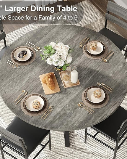 Round Dining Table for 4, Kitchen Tables Dining Room Circle Dinner Table with Pedestal Metal Frame, Space Saving Wood Industrial Kitchen & Dining Room Tables, Grey 47In