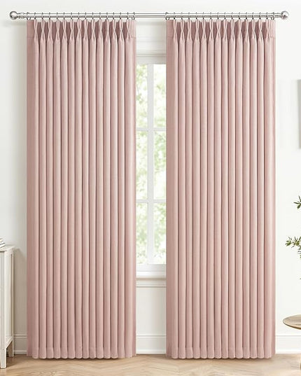 Blush Pink Double Layer Linen Pinch Pleated Curtains 90 Inches Long for Kids Room 2 Panels Set, Beautiful Memory Shape Blackout Insulated Noise Reducing Textured Viral Windows Drapes 40 x 90 Length