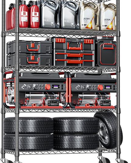 IZEUK 5-Tier Adjustable Heavy Duty Steel Wire Shelving Unit with Wheels, Storage Rack Organizer for Garage, Kitchen, Office, Laundry, Basement (Black, 17.7" D x 47.2" W x 76.7" H, 1750 lbs Capacity)