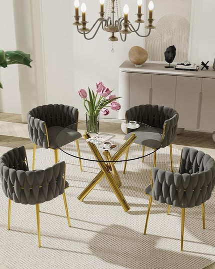 Modern Clear Round Glass Top Dining Table Set, 5 Pieces Mid Century Circle Dining Room Set for 4, 39'' Small Circular Kitchen Table and Chairs Set of 4, Grey Woven Chair, for Home (Golden)