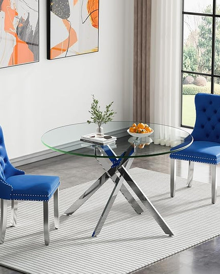 Round Glass Dining Table Set for 2, 47'' Clear Circular Kitchen Table and Chairs Set, 3PCS Modern Circle Dining Room Table Set with 2 Velvet Dining Chair for Home