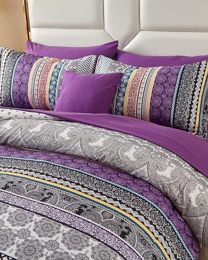 Boho Comforter Set California King Size,8 Piece Bed in a Bag Bohemian Striped Bedding Quilt Set,Purple Paisley Floral Comforter and Sheet Set,Soft Microfiber Complete Bedding Sets for All Season