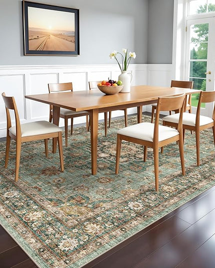 Washable Oriental Area Rug - 6x9 Rugs for Living Room Soft Carpet for Bedroom Waterproof Floral Distressed Indoor Stain Resistant Non-Shedding Floor Carpets (Green, 6x9)
