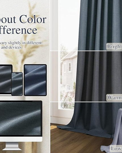 Guken 100% Blackout Linen Curtains 63 Inch Length 2 Panels Set for Living Room Bedroom Back Tab Thermal Insulated Black Out Linen Drapes Room Darkening Window Curtains,Vintage Blue