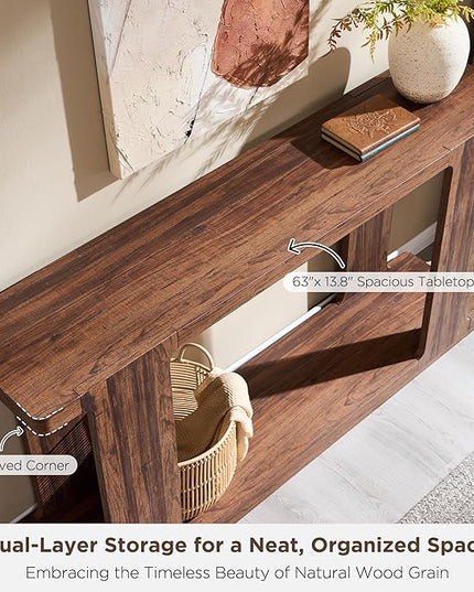 OKD 63 Inch Modern Entryway Console Table, 2-Tier Long Sofa Table Behind Couch with Curved Edge, Wood Farmhouse Narrow Entry Table for Hallway, Living Room, Foyer, Entrance, Rustic Walnut