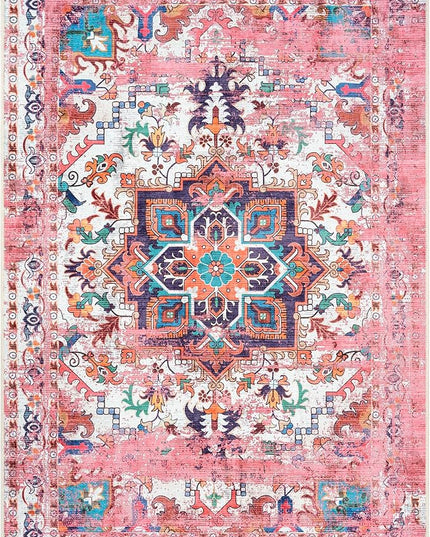 GLN Rugs Traditional Collection - Machine Washable Area Rug, Traditional Washable, Non Slip, Low Pile Chenille Rug, Living Room, Bedroom, Kitchen Rug (9'5"x12' Pink)