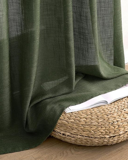 MIULEE Olive Green Short Linen Curtains 45 Inch Length 2 Panels for Kitchen Bedroom Bathroom, Soft Thick Linen Textured Basement Window Drapes Semi Sheer Light Filtering Back Tab Burlap Look Decor
