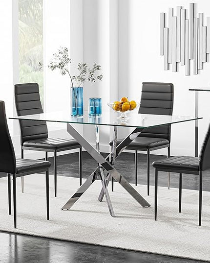 5 Piece Dining Table Set, Tempered Glass Dining Set for 4, with 4 Upholstered Chairs (Silver Table, Black Chairs)