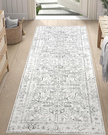 jinchan Lima Runner Rug 2x5 Washable Hallway Runner - Vintage Floral Non Slip Low-Pile Soft Ultra-Thin Kitchen Rug Distressed Carpet for Farmhouse Bedroom Entryway Laundry Room (2x5ft, Grey)