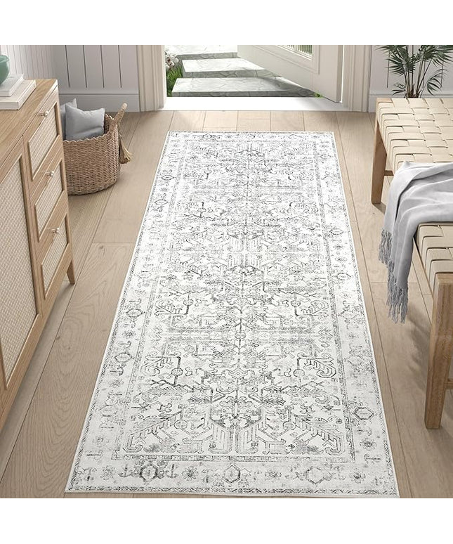 jinchan Lima Runner Rug 2x5 Washable Hallway Runner - Vintage Floral Non Slip Low-Pile Soft Ultra-Thin Kitchen Rug Distressed Carpet for Farmhouse Bedroom Entryway Laundry Room (2x5ft, Grey)