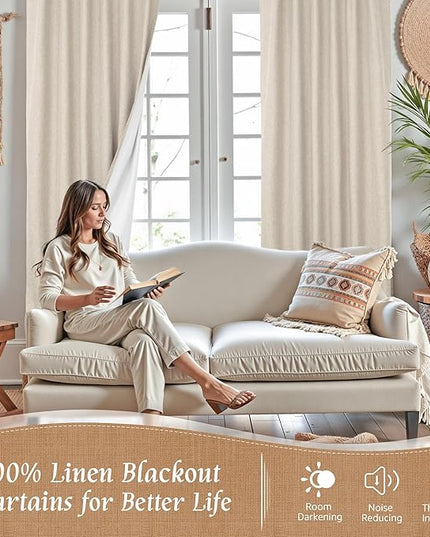 LAMIT Oatmeal 100% Blackout Linen Curtains, 84 Inch Linen Textured Living Room Farmhouse Curtains Room Darkening Back Tab and Rod Pocket Burlap Neutral Panels with White Liner, 2 Panels, 60 x 84 Inch