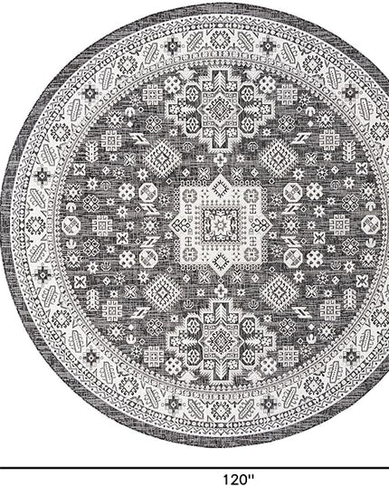 Rugs.com Outdoor Aztec Collection Rug – 10 Ft Round Charcoal Gray Flatweave Rug Perfect for Kitchens, Dining Rooms