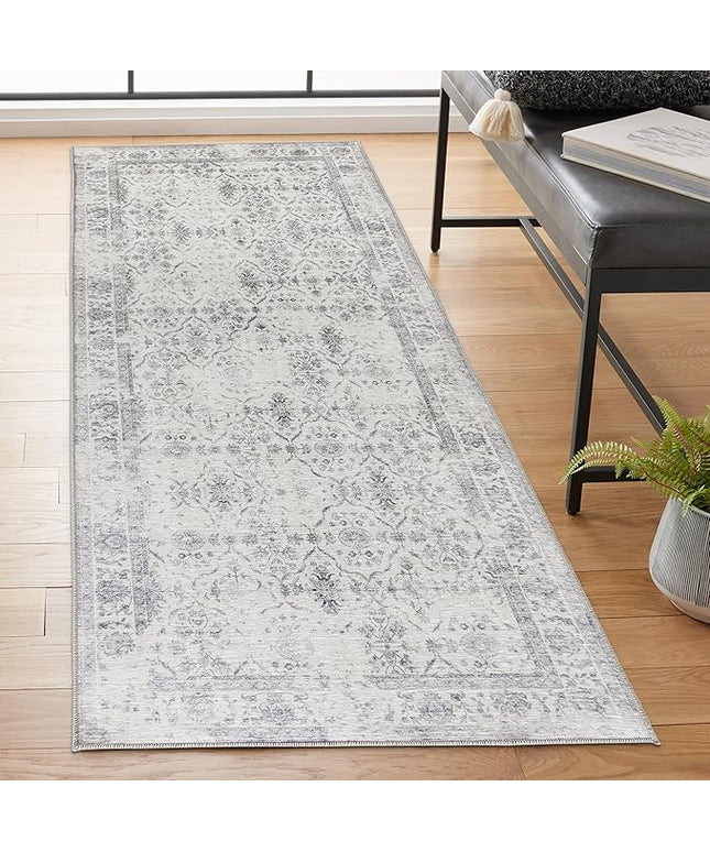 ReaLife Rugs Machine Washable Area Rug Runner - Living Room Bedroom Bathroom Kitchen Entryway Office - Padded Low Pile Stain Resistant Premium - Boho Farmhouse Vintage - Noor - Ivory Grey 2'6" x 6'