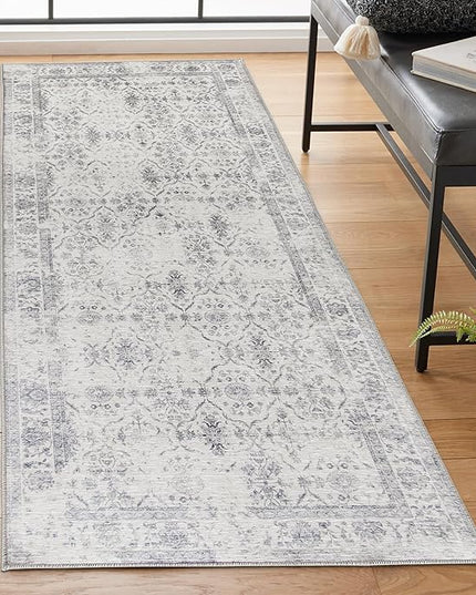 ReaLife Rugs Machine Washable Area Rug Runner - Living Room Bedroom Bathroom Kitchen Entryway Office - Padded Low Pile Stain Resistant Premium - Boho Farmhouse Vintage - Noor - Ivory Grey 2'6" x 8'