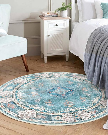 MUJOO Teal Round Rug 4ft,Circle Washable Area Rugs for Bedroom Living Room Bathroom,Boho Small Non Slip Circular Carpet,Floral