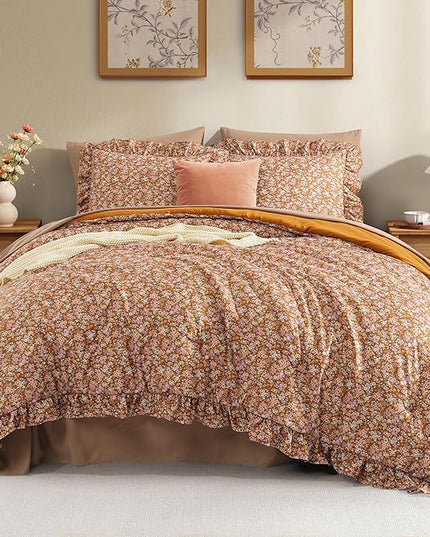 King Comforter Set - 7 Pieces Ruffle Brown Bedding Sets, Shabby Chic Farmhouse Bed in a Bag King with Ruffle Comforter, Floral Sheets, Pillowcases & Shams