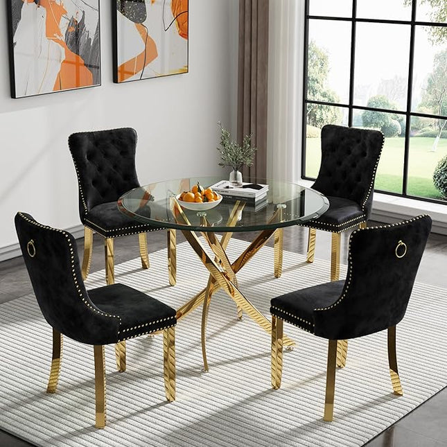 HomVent Round Glass Dining Table Set for 4, Modern Kitchen Table Set and Chairs, Round Glass Dining Room Table Set for Kitchen