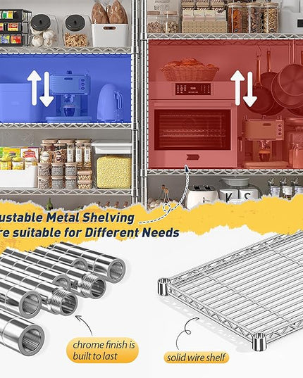 REIBII 70" W Wire Shelving Load 1500LBS, Metal Shelving 5-Tier Storage Shelves Metal Shelves for Storage Adjustable Shelving Rack for Pantry Kitchen Commercial School 70" W*15.8" D*72.4" H,Chrome